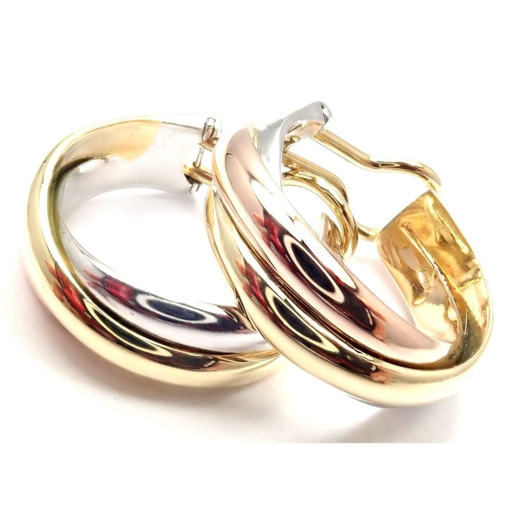 Authentic! Cartier 18k Tri-Color Gold Medium Size Trinity Hoop Earrings​
